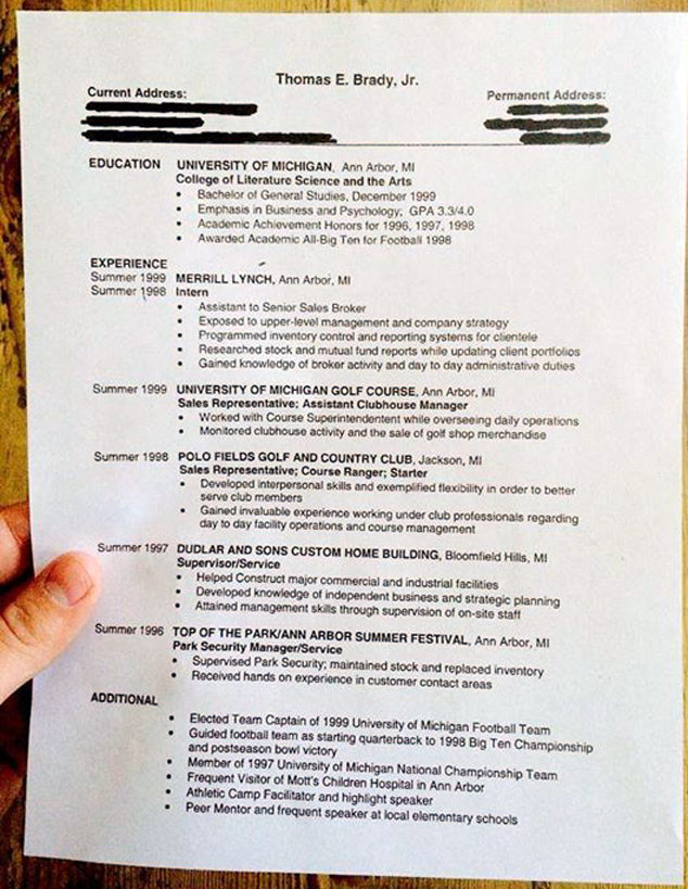 see tom brady s old résumé from his pre patriots days e news